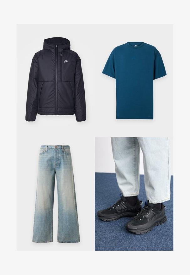 Must musta Nike jope, millel on ees lukuga avamine ja kapuuts. Vasakpoolne rind on kaunistatud valge logoga ning ees on kaks taskut. Sile välimine tekstuur.; Sinine puuvillane T-särk, millel on lühikesed varrukad, ümmargune kaelus ja väike, helesinine Nike logo rinnal. Pehme tekstuur, mugav lõige.; Heledad sinine lõikega teksad, mis on valmistatud denimist. Omab kõrget taljet, nööbiga sulgemist ning peenelt tuhmuvat värvi, samuti siledat tekstuuri ja õmmeldud õmblusi.; Mustad mustad jooksukingad, millel on tekstureeritud kangas ja kummist tallad, elastsed nöörid ning sinine aksent kandadel. Kandmine heledate teksadega.