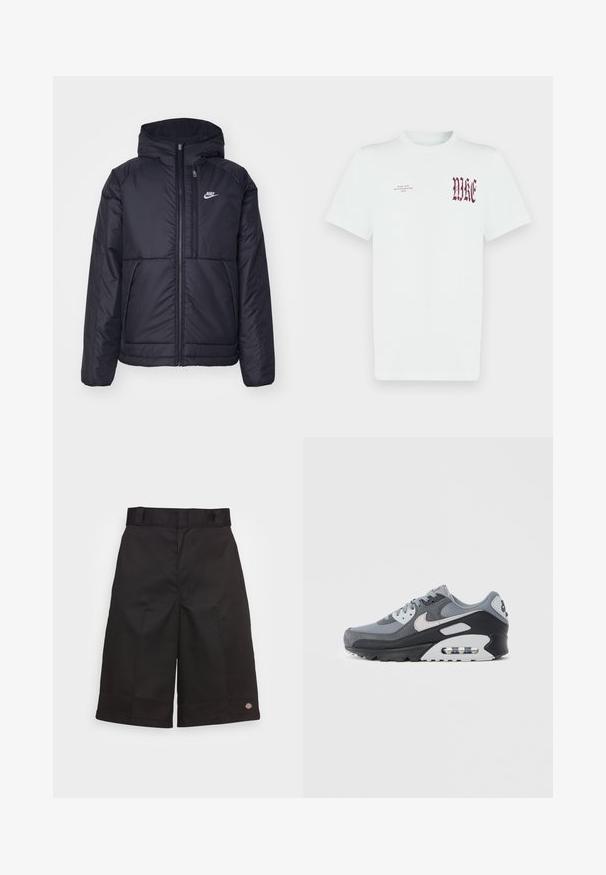 Black, padded Nike jacket with a front zipper and hood. Features a white logo on the left chest and dual front pockets. Smooth exterior texture.; White cotton t-shirt featuring red "NIKE" graphic and text on the left chest. Short sleeves and crew neck design, smooth texture.; Black cotton shorts with a straight cut, knee-length, featuring a visible brand logo on the hem and a smooth texture.; Gray sneaker featuring a mix of mesh and suede materials, with a black sole and visible air unit. Notable light gray accents and laces.