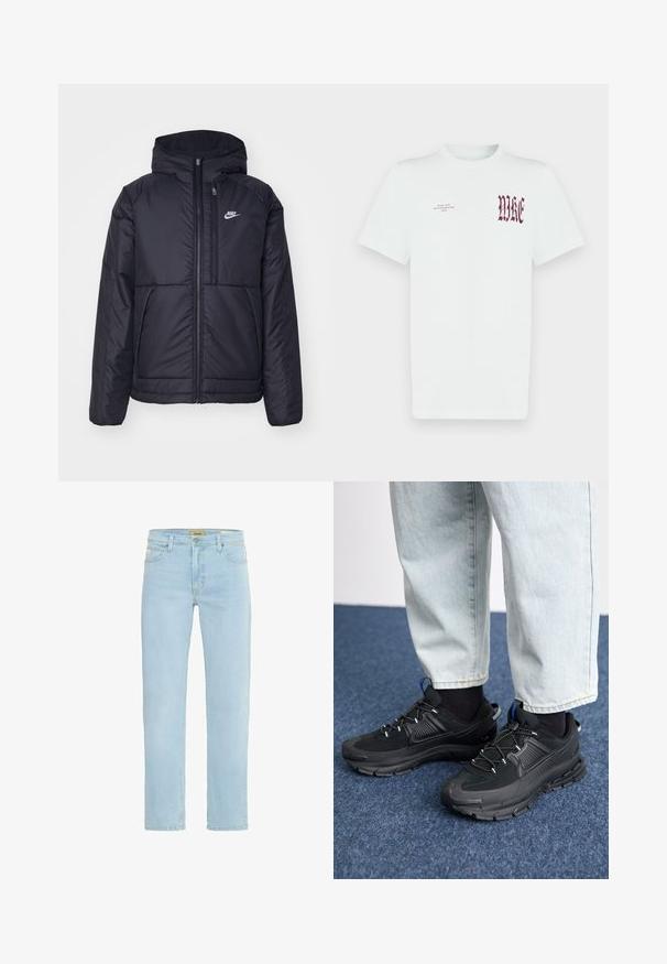 Juodas, paminkštintas Nike džemperis su priekyje užtrauktuku ir gobtuvu. Pasižymi balta logo kairėje krūtinės pusėje ir dviem priekinėmis kišenėmis. Su lygiu išoriniu paviršiumi.; Balta medvilninė marškinėlė su raudonu "NIKE" grafiniu piešiniu ir tekstu kairėje krūtinės pusėje. Trumpomis rankovėmis ir apvaliame iškirpte, lygi tekstūra.; Šviesiai mėlynos džinsinės kelnės su tiesiu kirpimu, penkių kišenių dizainu, subtiliu blukimu ir klasikiniu juosmeniu su priekiniu sagčių uždarymu.; Juodi sportiniai bateliai su tekstūruota medžiaga ir guminiais padais, su elastingomis raišteliais ir mėlynu akcentu ant kulno. Dėvimi su šviesiai mėlynomis džinsinėmis kelnėmis.