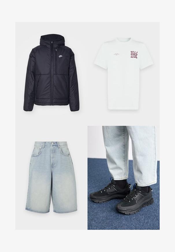 Svart, vadderad Nike-jacka med dragkedja framtill och huva. Har en vit logotyp på vänster bröst och dubbla framfickor. Slät yttextur.; Vit bomulls-T-shirt med röd "NIKE"-grafik och text på vänster bröst. Korta ärmar och rundhalsad design, slät textur.; Ljusblå denimshorts med avslappnad passform, hög midja, fem fickor och rak fåll. Lätt blekta för en sliten look.; Svarta sportskor med texturerat tyg och gummisulor, med elastiska snörningar och en blå detalj på hälen. Bärs med ljusa jeans.