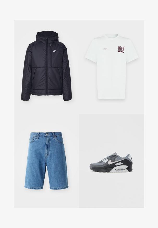 Musta, pehmustettu Nike-takki, jossa on etuvetoketju ja huppu. Vasemmassa rinnassa on valkoinen logo ja takissa on kaksinkertaiset etutaskut. Pintakoe on sileä.; Valkoinen puuvillainen T-paita, jossa vasemmassa rinnassa punainen "NIKE"-grafiikka ja teksti. Lyhyet hihat ja pyöreä pääntie, sileä pinta.; Siniset farkkushortsit rentoa istuvuutta, vyötärö, jossa on vyölenkit, edessä nappikiinnitys ja käännetyt lahkeet. Ei näkyviä kuvioita tai yksityiskohtia.; Harmaa lenkkitossu, jossa yhdistelmä verkkokangasta ja mokkanahkaa, musta pohja ja näkyvä ilmayksikkö. Huomattavat vaaleanharmaat yksityiskohdat ja nauhat.