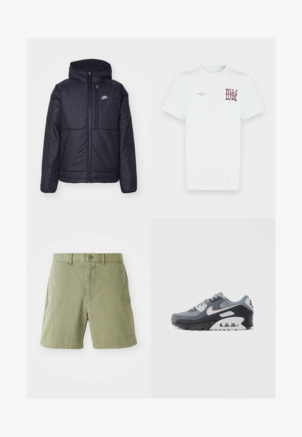 Casaco Nike preto, acolchoado, com fecho à frente e capuz. Apresenta um logo branco no lado esquerdo do peito e dois bolsos frontais. Textura exterior lisa.; T-shirt branca de algodão com estampa gráfica vermelha "NIKE" e texto no lado esquerdo do peito. Mangas curtas e design com gola redonda, textura suave.; Calções caqui feitos de algodão suave com uma textura lisa. Apresentam um fecho de botão, bolsos laterais e um pequeno logotipo na bainha.; Ténis cinza com uma combinação de malha e camurça, com sola preta e unidade de ar visível. Destacam-se os detalhes em cinza claro e os atacadores.