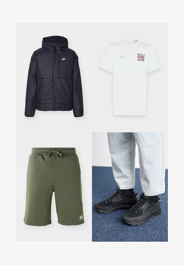 Must musta Nike jope, millel on ees lukuga avamine ja kapuuts. Vasakpoolne rind on kaunistatud valge logoga ning ees on kaks taskut. Sile välimine tekstuur.; Valge puuvillane t-särk, millel on vasakul rinnal punane "NIKE" graafika ja tekst. Lühikesed varrukad ja ümara kaelusega disain, sile tekstuur.; Õlivedrooni puuvillased lühikesed püksid elastse vöökoha ja paelaga. Varustatud küljetaskutega ning alumisel jalal väikese logoga.; Mustad mustad jooksukingad, millel on tekstureeritud kangas ja kummist tallad, elastsed nöörid ning sinine aksent kandadel. Kandmine heledate teksadega.