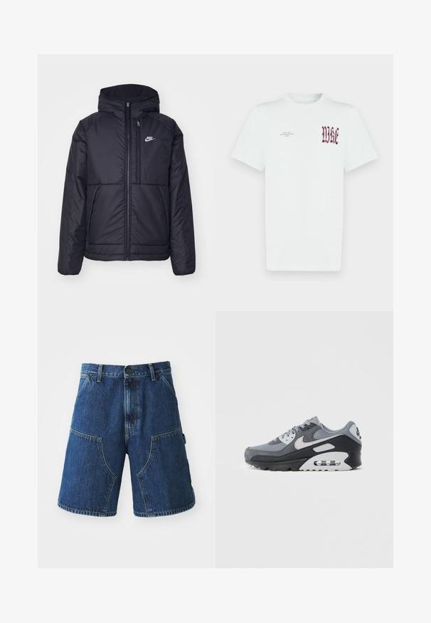 Černá zateplená bunda Nike s předním zipem a kapucí. Na levé straně hrudi má bílé logo a dvojité přední kapsy. Hladký povrch.; Bílé bavlněné tričko s červeným nápisem "NIKE" a grafikou na levé straně hrudi. Krátké rukávy a kulatý výstřih, hladká textura.; Džínové šortky s tmavě modrým omakem, které mají velké přední kapsy, zapínání na knoflík a viditelné švy podél švů.; Šedá teniska kombinující síťovinu a semiš, s černou podrážkou a viditelnou vzduchovou jednotkou. Výrazné světle šedé detaily a tkaničky.