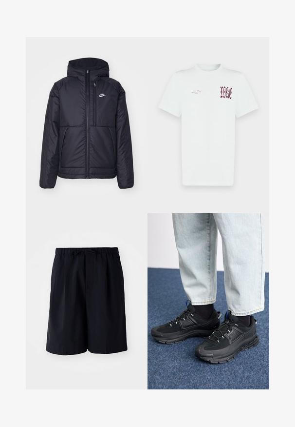 Schwarze, gepolsterte Nike-Jacke mit Frontreißverschluss und Kapuze. Hat ein weißes Logo auf der linken Brust und zwei Fronttaschen. Glattes äußeres Material.; Weißes Baumwoll-T-Shirt mit rotem "NIKE"-Grafik und Schriftzug auf der linken Brustseite. Kurze Ärmel und Rundhalsausschnitt, glatte Textur.; Marineblaue Shorts aus leichtem Material, mit einem elastischen Bund und Kordelzug sowie zwei Seitentaschen, gerader Schnitt.; Schwarze Sportschuhe aus strukturiertem Stoff mit Gummisohlen, ausgestattet mit elastischen Schnürsenkeln und einem blauen Akzent an der Ferse. Getragen mit hellen Jeans.