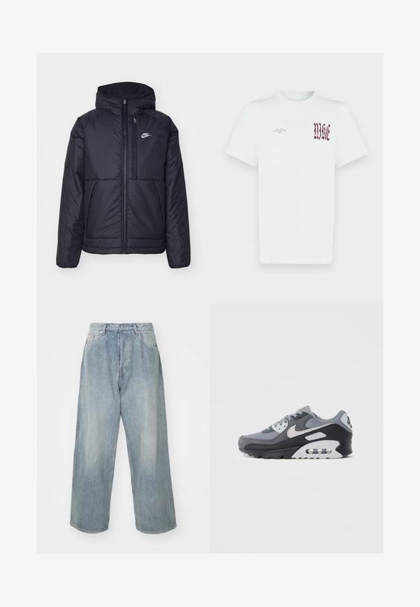 Veste Nike noire rembourrée avec une fermeture éclair sur le devant et une capuche. Elle présente un logo blanc sur la poitrine gauche et deux poches avant. Texture extérieure lisse.; T-shirt en coton blanc avec un graphique rouge "NIKE" et un texte sur le côté gauche de la poitrine. Manches courtes et col rond, texture lisse.; Jeans en denim bleu clair, coupe loose, taille haute, cinq poches et surpiqûres contrastantes. Présente un design à jambes droites et des ourlets nets.; Baskets grises avec une combinaison de mesh et de daim, semelle noire et unité d'air visible. Accents gris clair et lacets notables.