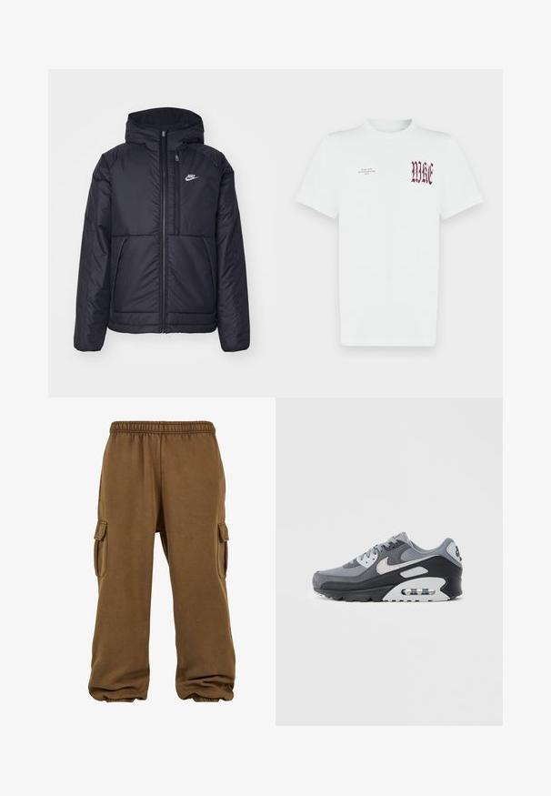Crna Nike jakna s podstavom, dugmadi sprijeda i kapuljačom. Ima bijeli logotip na lijevoj strani prsnog koša i dva prednja džepa. Glatka vanjska tekstura.; Bijela pamučna majica kratkih rukava s crvenim natpisom "NIKE" i grafikom na lijevoj strani prsa. Dizajn s okruglim izrezom i glatkom teksturom.; Smeđe trenirka napravljena od mekog materijala sa slobodnim krojem, koja ima elastičnu struk, sužene rubove i bočne cargo džepove.; Sivi tenis s mješavinom mrežastih i brušenih materijala, s crnim potplatom i vidljivom zračnom jedinicom. Primjetni svijetlosivi detalji i vezice.