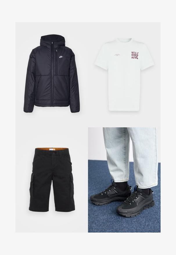 Juodas, paminkštintas Nike džemperis su priekyje užtrauktuku ir gobtuvu. Pasižymi balta logo kairėje krūtinės pusėje ir dviem priekinėmis kišenėmis. Su lygiu išoriniu paviršiumi.; Balta medvilninė marškinėlė su raudonu "NIKE" grafiniu piešiniu ir tekstu kairėje krūtinės pusėje. Trumpomis rankovėmis ir apvaliame iškirpte, lygi tekstūra.; Juodi cargo šortai su laisvu fasonu, turintys šonines kišenes ir mygtuko uždarymą. Pagaminti iš stipraus audinio su lygiu paviršiumi.; Juodi sportiniai bateliai su tekstūruota medžiaga ir guminiais padais, su elastingomis raišteliais ir mėlynu akcentu ant kulno. Dėvimi su šviesiai mėlynomis džinsinėmis kelnėmis.