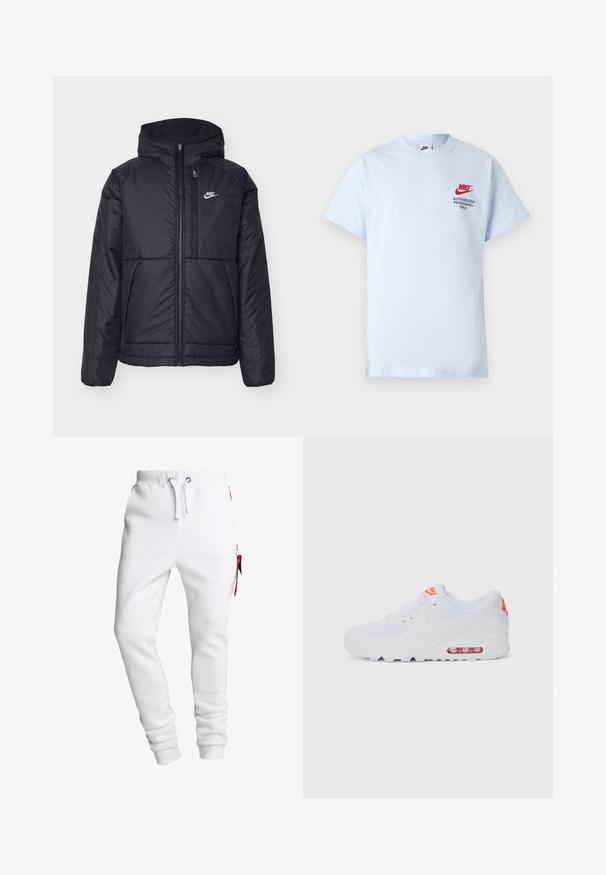 Čierna, polstrovaná bunda Nike so zipsom vpredu a kapucňou. Na ľavej strane hrude sa nachádza biele logo a sú tu dva predné vrecká. Hladký vonkajší povrch.; Svetlomodré bavlnené tričko s krátkymi rukávmi, s červeným logom Nike a čiernym textom "LEN PRE AUTORIZOVANÝ PERSONÁL" na hrudi.; Biele joggingové nohavice vyrobené z mäkkej zmesi bavlny. Majú elastický pás, šnúrku, bočné vrecká a červený akcent na zips.; Biele športové tenisky s hladkým zvrškom, šnurovaním, polstrovanou podrážkou a viditeľnou vzduchovou jednotkou s červenými akcentmi na značení.