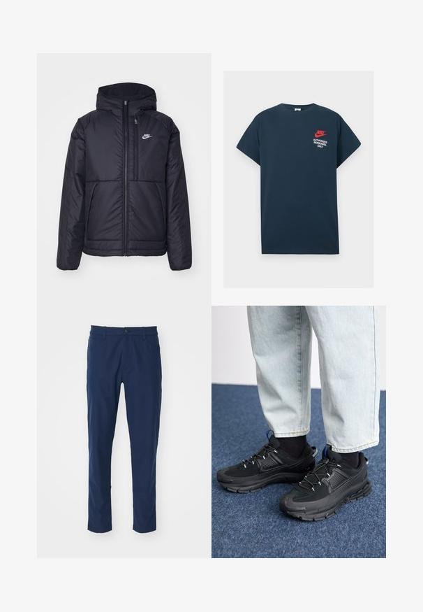 Crna Nike jakna s podstavom, dugmadi sprijeda i kapuljačom. Ima bijeli logotip na lijevoj strani prsnog koša i dva prednja džepa. Glatka vanjska tekstura.; Tamno plavi pamučni majica s kratkim rukavima. Sadrži crveni Nike logo i bijeli natpis "SAMO OBLASTI OSOBLJE" na lijevom prsnom dijelu.; Tamno plavi hlače glatke teksture, uskog kroja, s prednjim džepovima i jednim dugmetom za zatvaranje na pojasu. Nema vidljivih uzoraka.; Crne atletske cipele s teksturiranom tkaninom i gumene potplate, s elastičnim vezicama i plavim akcentom na peti. Nosene su s svijetlim trapericama.