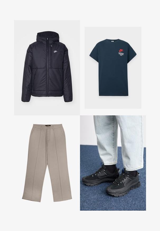 Juodas, paminkštintas Nike džemperis su priekyje užtrauktuku ir gobtuvu. Pasižymi balta logo kairėje krūtinės pusėje ir dviem priekinėmis kišenėmis. Su lygiu išoriniu paviršiumi.; Tamsiai mėlynas medvilninis marškinėliai su trumpomis rankovėmis. Kairėje krūtinės pusėje yra raudonas Nike logotipas ir baltas tekstas "TIK ĮGALIOTI ASMENYS".; Smėlio spalvos pločių kelnių, pagamintų iš audinio, su priekinėmis kišenėmis, užtrauktuku ir dviem vertikaliais siūlais ant kiekvienos kojos.; Juodi sportiniai bateliai su tekstūruota medžiaga ir guminiais padais, su elastingomis raišteliais ir mėlynu akcentu ant kulno. Dėvimi su šviesiai mėlynomis džinsinėmis kelnėmis.