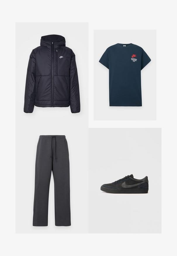 Μαύρο, επενδυμένο μπουφάν Nike με μπροστινό φερμουάρ και κουκούλα. Διαθέτει λευκό λογότυπο στο αριστερό στήθος και διπλές μπροστινές τσέπες. Λείο εξωτερικό υλικό.; Ναυτικό μπλε βαμβακερό t-shirt με κοντά μανίκια. Διαθέτει κόκκινο λογότυπο Nike και λευκό κείμενο "ΜΟΝΟ ΕΠΙΣΥΜΒΩΝ ΠΡΟΣΩΠΙΚΟ" στο αριστερό στήθος.; Γκρι φόρμα με ρυθμιζόμενο κορδόνι στη μέση, κατασκευασμένη από μαλακό ύφασμα. Φαρδιά γραμμή στο παντελόνι με πλαϊνές ραφές, απλές λεπτομέρειες και χωρίς ορατά σχέδια.; Μαύρα σουέτ αθλητικά παπούτσια με χαμηλό προφίλ, καουτσούκ σόλα, υφή στα πλαϊνά πάνελ και τονικό λογότυπο Nike swoosh. Μπροστινός κορδονάτος σχεδιασμός, μαξιλαρωμένος λαιμός.