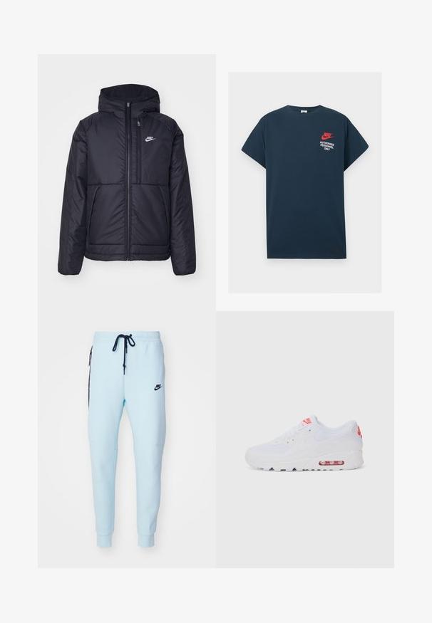 Svart, vadderad Nike-jacka med dragkedja framtill och huva. Har en vit logotyp på vänster bröst och dubbla framfickor. Slät yttextur.; Mörkblå bomulls t-shirt med korta ärmar. Har en röd Nike-logotyp och vit text "ENDAST AUSKULTERAD PERSONAL" på vänster bröst.; Nike Sportswear TECH JOGGER - Träningsbyxor - glacier blue; Vit atletisk sneaker med en slät överdel, snörning, vadderad sula och en synlig luftenhet med röda detaljer på varumärket.