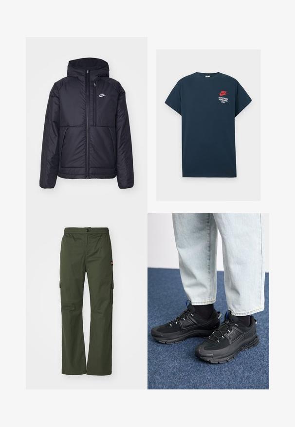 Juodas, paminkštintas Nike džemperis su priekyje užtrauktuku ir gobtuvu. Pasižymi balta logo kairėje krūtinės pusėje ir dviem priekinėmis kišenėmis. Su lygiu išoriniu paviršiumi.; Tamsiai mėlynas medvilninis marškinėliai su trumpomis rankovėmis. Kairėje krūtinės pusėje yra raudonas Nike logotipas ir baltas tekstas "TIK ĮGALIOTI ASMENYS".; Alyvuogių žalios spalvos cargo kelnės su mygtukų užsegimu, elastine juosmena ir šoninėmis kišenėmis, pagamintos iš lengvo audinio su lygiu paviršiumi.; Juodi sportiniai bateliai su tekstūruota medžiaga ir guminiais padais, su elastingomis raišteliais ir mėlynu akcentu ant kulno. Dėvimi su šviesiai mėlynomis džinsinėmis kelnėmis.