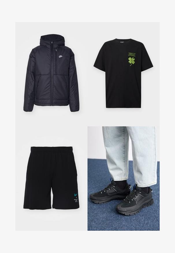 Black, padded Nike jacket with a front zipper and hood. Features a white logo on the left chest and dual front pockets. Smooth exterior texture.; Black cotton t-shirt featuring a green four-leaf clover graphic with the text "GOOD LUCK WITH THE REST" on the left chest area.; Black athletic shorts with elastic waistband, made of soft fabric. Features turquoise Nike logo and text in white on the lower left leg.; Black athletic shoes with textured fabric and rubber soles, featuring elastic laces and a blue accent on the heel. Worn with light denim pants.