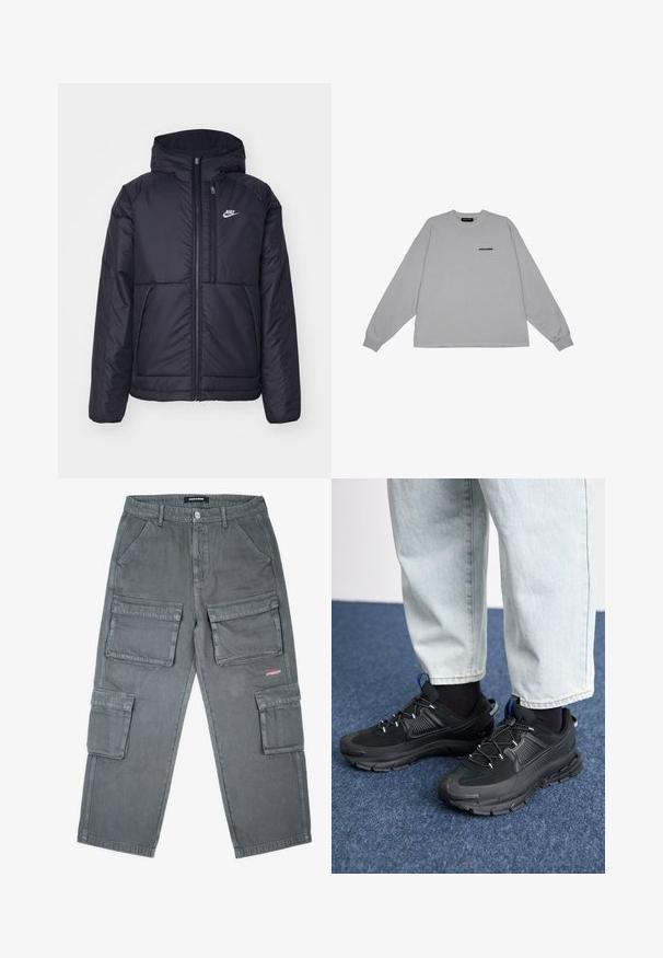 Casaco Nike preto, acolchoado, com fecho à frente e capuz. Apresenta um logo branco no lado esquerdo do peito e dois bolsos frontais. Textura exterior lisa.; Sweatshirt cinza de mangas longas com decote redondo e logotipo preto "PEGADOR" no peito. Feita de um tecido suave com um corte descontraído e punhos canelados.; Calças cargo cinzentas feitas de um tecido resistente, apresentando vários bolsos grandes com aba, um corte reto, passantes para cinto e um fecho de botão na cintura.; Sapatilhas desportivas pretas com tecido texturizado e solas em borracha, apresentando atacadores elásticos e um detalhe azul no calcanhar. Usadas com calças de ganga claras.
