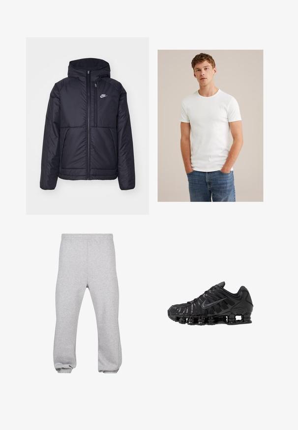 Melna, pufota Nike jaka ar priekšējo rāvējslēdzēju un kapuci. Iezīmēta ar baltu logotipu uz kreisās krūtis un divām priekšējām kabatām. Gluda ārējā tekstūra.; Jauns vīrietis ar īsiem, cirtainiem matiem, tērpies vienkāršā baltā īsajā krekā ar īsām piedurknēm un zilos džinsos, stāv ar rokām kabatās.; Pelēkās sporta bikses, kas izgatavotas no kokvilnas sajaukuma, ar elastīgu jostu, sašaurinātiem piedurknēm un iecirstiem apakšgaliem. Vienkāršs dizains bez rakstiem.; Melnas sporta kurpes no acs un sintētiskiem materiāliem ar izteiktu viļņotu dizainu, melnu gumijas zoli un atstarojošām detalizācijām.