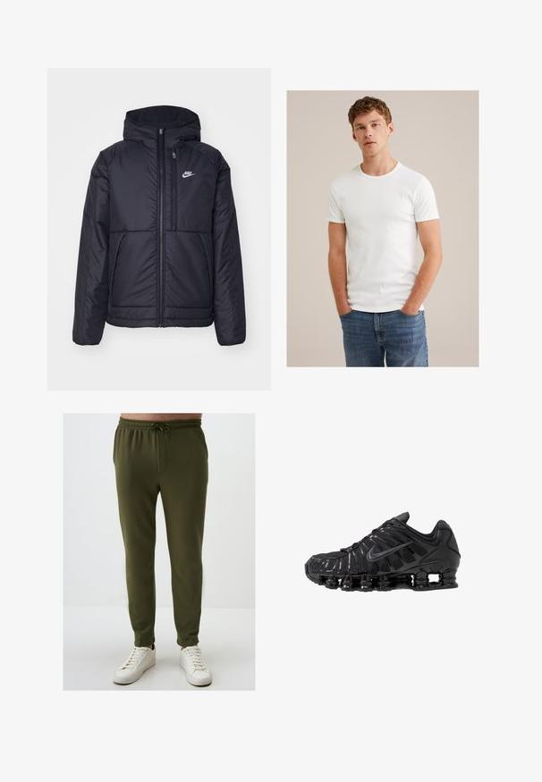 Black, padded Nike jacket with a front zipper and hood. Features a white logo on the left chest and dual front pockets. Smooth exterior texture.; Young man with short curly hair wearing a plain white short-sleeve t-shirt and blue jeans, standing with hands in pockets.; Olive green jogger pants with an elastic waistband, drawstring detail, and tapered leg, paired with white sneakers. Smooth texture.; Black athletic shoes made of mesh and synthetic materials, featuring a distinct wavy design, black rubber sole, and reflective accents.