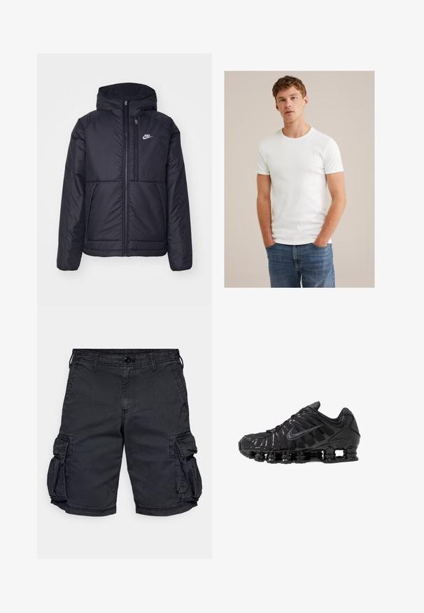 Melna, pufota Nike jaka ar priekšējo rāvējslēdzēju un kapuci. Iezīmēta ar baltu logotipu uz kreisās krūtis un divām priekšējām kabatām. Gluda ārējā tekstūra.; Jauns vīrietis ar īsiem, cirtainiem matiem, tērpies vienkāršā baltā īsajā krekā ar īsām piedurknēm un zilos džinsos, stāv ar rokām kabatās.; Melnas kokvilnas nesošās šortus ar vairākiem sānu kabatām, ar rāvējslēdzēju un jostas cilpām. Iezīmē izturīgu audumu ar redzamām šuvēm.; Melnas sporta kurpes no acs un sintētiskiem materiāliem ar izteiktu viļņotu dizainu, melnu gumijas zoli un atstarojošām detalizācijām.