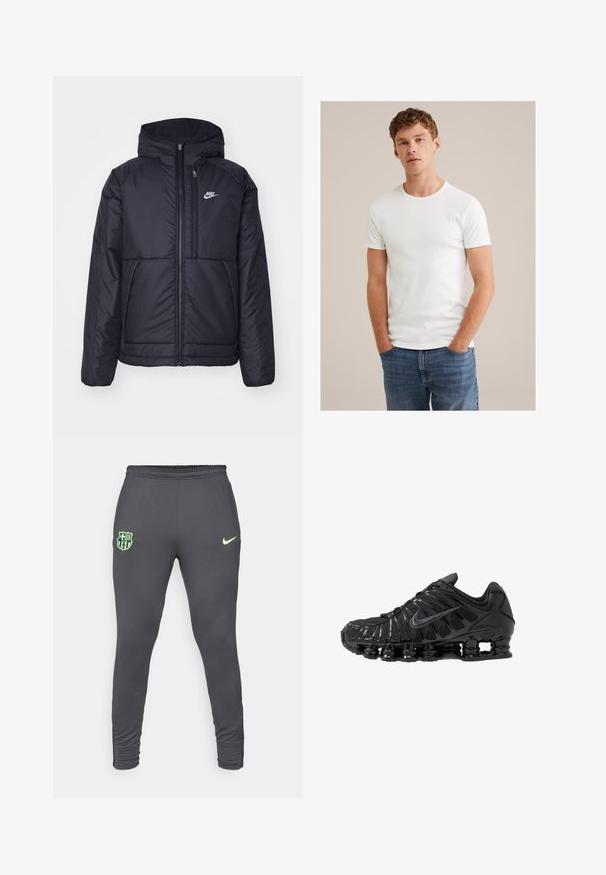 Chaqueta acolchada negra de Nike con cremallera frontal y capucha. Presenta un logo blanco en el lado izquierdo del pecho y dos bolsillos frontales. Textura exterior suave.; Joven con cabello rizado corto que lleva una camiseta blanca de manga corta y jeans azules, de pie con las manos en los bolsillos.; Joggers atléticos grises con un diseño ajustado, que presentan un logo de Nike en verde lima y un escudo del club Barcelona en el muslo izquierdo. Tejido elástico.; Zapatillas deportivas negras fabricadas con malla y materiales sintéticos, con un diseño ondulado distintivo, suela de goma negra y detalles reflectantes.