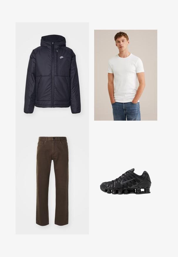 Musta, pehmustettu Nike-takki, jossa on etuvetoketju ja huppu. Vasemmassa rinnassa on valkoinen logo ja takissa on kaksinkertaiset etutaskut. Pintakoe on sileä.; Mies nuori, jolla on lyhyet kiharat hiukset, pukeutuneena yksinkertaiseen valkoiseen lyhythihaiseen t-paitaan ja sinisiin farkkuihin, seisoo kädet taskuissa.; Theory VIGGO - Straight leg -farkut - brown; Mustat urheilukengät, jotka on valmistettu verkkokankaasta ja synteettisistä materiaaleista. Niissä on erottuva aaltoileva kuvio, musta kumipohja ja heijastavia yksityiskohtia.