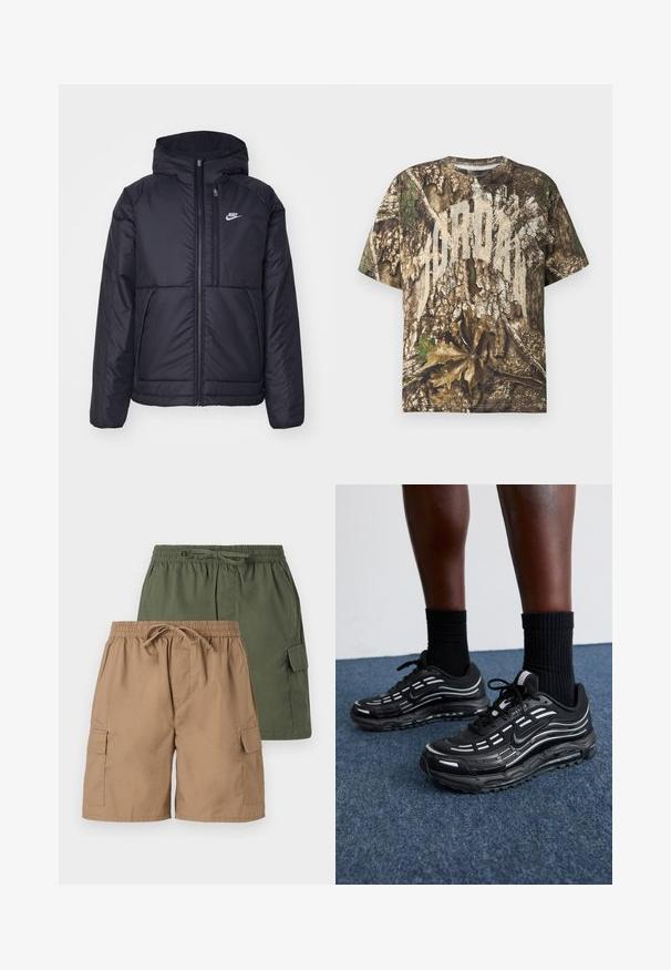 Zwarte, gewatteerde Nike-jas met een voorkant met ritssluiting en capuchon. Kenmerkt zich door een wit logo op de linkerborst en dubbele frontzakken. Gladde buitenkant.; T-shirt met korte mouwen met een realistisch camouflagedessin van boomschors en bladeren, en grote vervaagde witte tekst over de borst.; Twee paren cargo shorts; één khaki, één groen. Beide hebben een elastische tailleband, een trekkoord en zijzakken. Glad stoftextuur.; Zwarte Nike-schoenen hebben een bovenwerk van mesh met accentstreepjes, getextureerde veters en een zwarte rubberen zool. Draag ze met zwarte geribde sokken.