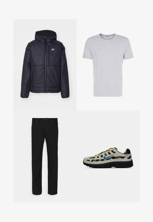 Juodas, paminkštintas Nike džemperis su priekyje užtrauktuku ir gobtuvu. Pasižymi balta logo kairėje krūtinės pusėje ir dviem priekinėmis kišenėmis. Su lygiu išoriniu paviršiumi.; Pilkas medvilnės t-shirt'as su apvalia apykakle, trumpomis rankovėmis ir vientisu dizainu, pasižymintis švelnia, lygiąja tekstūra be matomų raštų ar puošmenų.; Juodos tiesios kojinės džinsai su priekiniais mygtukais ir užtrauktuku, penkių kišenių dizainas, rodomas ant baltos fono.; Bežiniai ir juodi Nike P-6000 sportbačiai su mėlynu swoosh, geltonomis raištelėmis, juodu padu ir Cordura audinio etikete ant kulno.