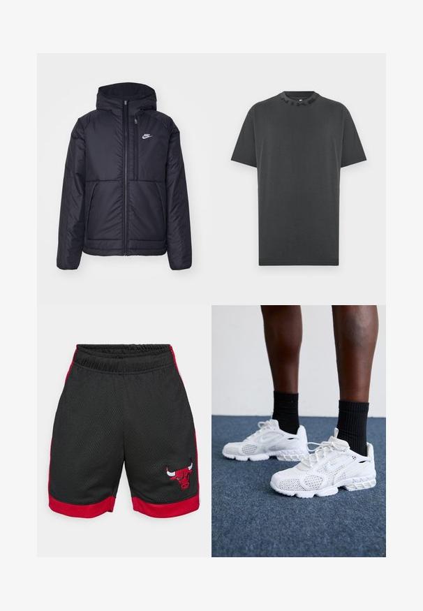 Svart, polstret Nike-jakke med frontglidelås og hette. Har en hvit logo på venstre bryst og doble frontlommer. Glatt ytterside.; Svart, kortermet t-skjorte laget av bomull, med rund hals og preget "NIKE"-logo på kragen. Ingen mønstre eller ytterligere detaljer.; Svarte mesh sportshorts med røde sidestiper. Har et brodert rødt og svart okse-design på venstre bein. Elastisk midje.; Hvite joggesko med mesh-overdel, teksturerte detaljer og polstret såle. Kombinert med svarte ribbede ankelstrømper på et blått teppet.