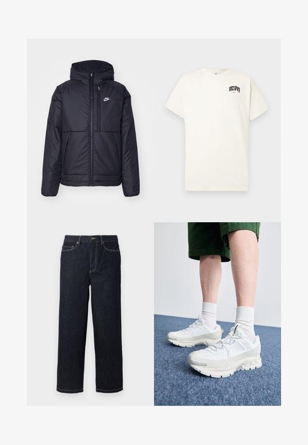Černá zateplená bunda Nike s předním zipem a kapucí. Na levé straně hrudi má bílé logo a dvojité přední kapsy. Hladký povrch.; Kravetově bílý bavlněný tričko s krátkým rukávem, na hrudi s nápisem "NIKE SB" v černém a červeném písmu. Standardní kulatý výstřih.; Tmavě modré džíny rovného střihu s pěti kapsami a bílým kontrastním šitím, s knoflíkovým zapínáním a poutky na opasek.; Bílé sportovní boty s texturovanými překryvy, masivní podrážkou a šedými akcenty. Na nohou mají bílé ponožky a zelené šortky na modrém povrchu.