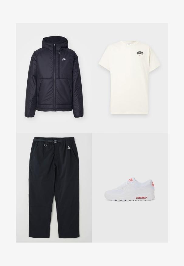 Černá zateplená bunda Nike s předním zipem a kapucí. Na levé straně hrudi má bílé logo a dvojité přední kapsy. Hladký povrch.; Kravetově bílý bavlněný tričko s krátkým rukávem, na hrudi s nápisem "NIKE SB" v černém a červeném písmu. Standardní kulatý výstřih.; Černé outdoorové kalhoty vyrobené z lehkého materiálu, s elastickým pasem a páskem, dvěma bočními kapsami a jemným logem.; Bílé sportovní tenisky s hladkým svrškem, šněrováním, polstrovanou podrážkou a viditelnou vzduchovou jednotkou s červenými akcenty na značce.
