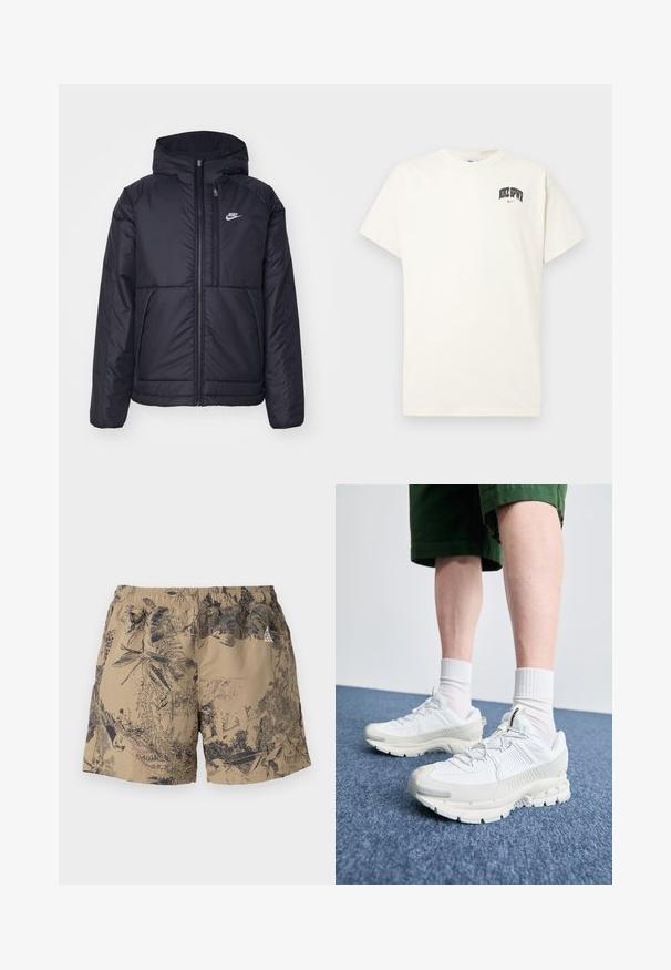 Czarna, pikowana kurtka Nike z przednim zamkiem błyskawicznym i kapturem. Posiada białe logo po lewej stronie klatki piersiowej oraz podwójne kieszenie z przodu. Gładka struktura zewnętrzna.; Beżowa bawełniana koszulka z krótkim rękawem, z napisem "NIKE SB" w czarnym i czerwonym kolorze na klatce piersiowej. Klasyczny okrągły dekolt.; Beżowe szorty z czarnym nadrukiem roślinnym, z elastycznym paskiem w talii i sznurkiem do regulacji. Wykonane z lekkiego materiału, idealne na co dzień.; Białe buty sportowe z teksturowanymi nakładkami, masywną podeszwą i szarymi akcentami. Nosi się je z białymi skarpetami do kostek i zielonymi szortami na niebieskiej powierzchni.