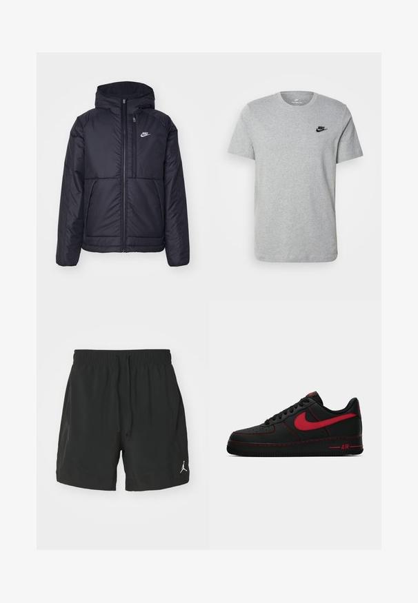 Crna Nike jakna s podstavom, dugmadi sprijeda i kapuljačom. Ima bijeli logotip na lijevoj strani prsnog koša i dva prednja džepa. Glatka vanjska tekstura.; Siva kratka majica s kratkim rukavima od pamuka, s crnim Nike logotipom na prsima i okruglim izrezom. Minimalistički dizajn bez uzoraka.; Crne sportske kratke hlače od laganog materijala. Imaju elastičnu struknicu s vezicom i mali bijeli logo na donjem lijevom dijelu.; Crne kožne Nike Air Force 1 tenisice s crvenim akcentskim detaljima, koje imaju glatku teksturu, perforirane prste i kontrastno crveno šivanje.