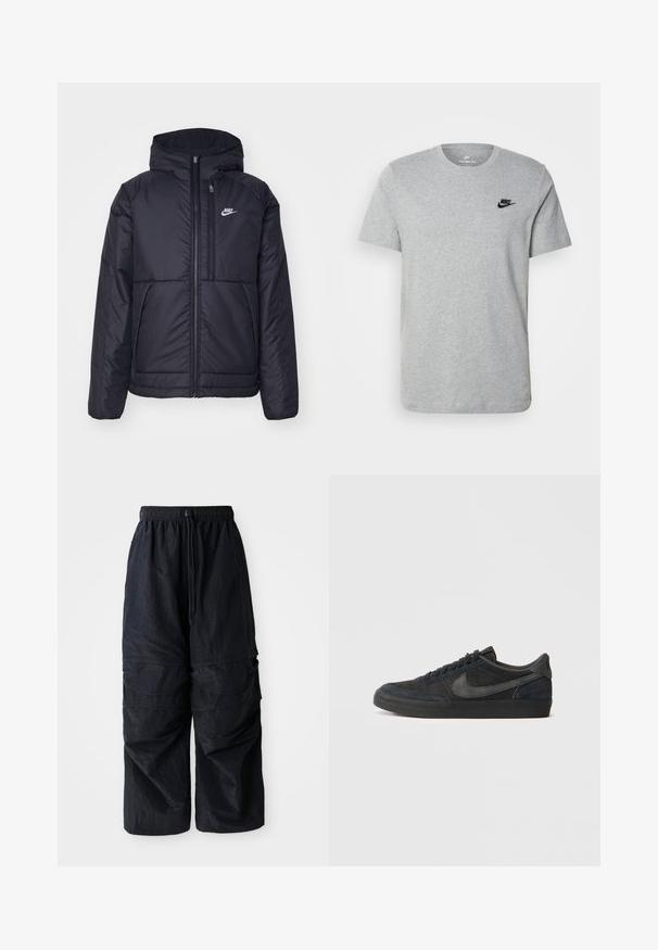 Fekete, párnázott Nike dzseki elülső cipzárral és kapucnival. A bal mellen fehér logó található, valamint két elülső zseb. Simának tűnő külső felület.; Szürke, rövid ujjú póló, pamutból készült, fekete Nike logóval a mellkason és kerek nyakkivágással. Minimalista dizájn, minta nélkül.; Fekete, könnyű nátron anyagú cargo nadrág, elasztikus derékpánttal, állítható húzózsinórral és több rétegű zsebekkel a lábakon.; Fekete velúr sportcipők alacsony profillal, gumi talppal, strukturált oldalsó panelek és azonos színű Nike logóval. Fűzős elülső rész, párnázott nyak.