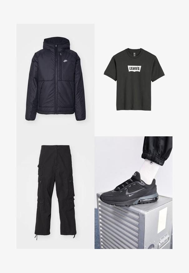 Schwarze, gepolsterte Nike-Jacke mit Frontreißverschluss und Kapuze. Hat ein weißes Logo auf der linken Brust und zwei Fronttaschen. Glattes äußeres Material.; Schwarzes Baumwoll-T-Shirt mit einem weißen Levi's-Logo in einem gewölbten, umrissenen Design, das auf der Brust zentriert ist. Kurze Ärmel und Rundhalsausschnitt.; Carhartt WIP TRACKER PANT - Cargohose - black; Nike Sportswear PULSE - Sneaker low - black/anthracite