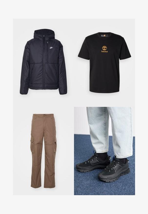 Melna, pufota Nike jaka ar priekšējo rāvējslēdzēju un kapuci. Iezīmēta ar baltu logotipu uz kreisās krūtis un divām priekšējām kabatām. Gluda ārējā tekstūra.; Melnas kokvilnas T-krekls ar zelta koka logotipu un "Timberland" tekstu. Apaļš kakls un īsās piedurknes, ar gludu tekstūru.; Brūnās cargo bikses, kas izgatavotas no teksturētas auduma, ar divām sānu kabatām, pogu aizdari un taisnas kāju dizainu.; Melni sporta apavi ar strukturētu audumu un gumijas zoli, ar elastīgām auklām un zilu akcentu uz papēža. Nēsāti ar gaišām džinsu biksēm.