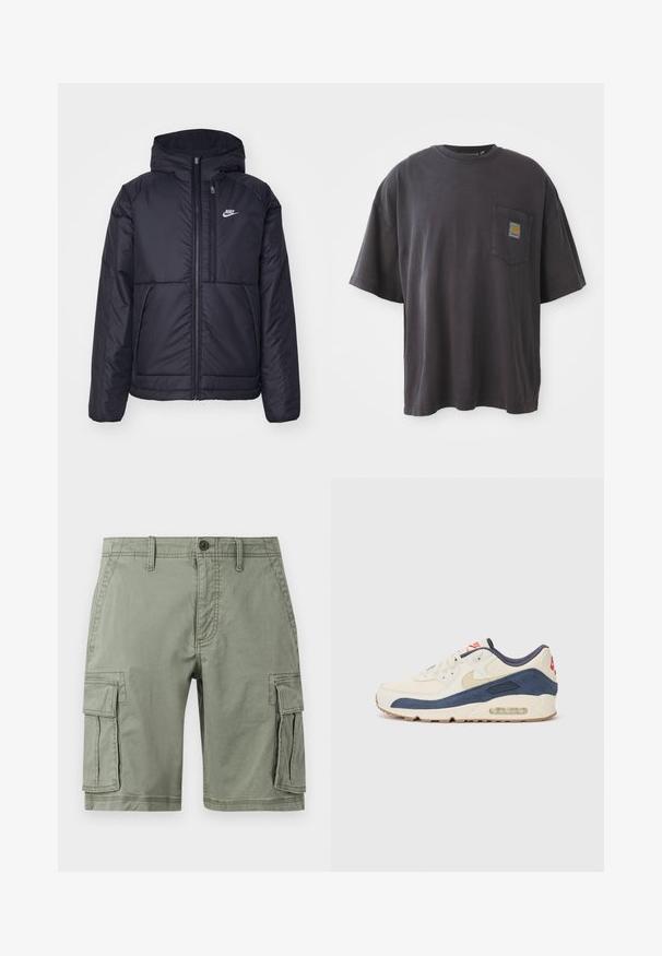 Μαύρο, επενδυμένο μπουφάν Nike με μπροστινό φερμουάρ και κουκούλα. Διαθέτει λευκό λογότυπο στο αριστερό στήθος και διπλές μπροστινές τσέπες. Λείο εξωτερικό υλικό.; Μαύρο βαμβακερό t-shirt με κοντά μανίκια, στρογγυλή λαιμόκοψη και τσέπη στο αριστερό στήθος που διαθέτει ένα τετράγωνο λογότυπο. Απλός και χωρίς στολίδια σχεδιασμός.; Πράσινα cargo σορτς από αναμιγνύμενο βαμβάκι, με δύο πλαϊνές τσέπες, κλείσιμο με κουμπί και ίσια γραμμή.; Αθλητικά παπούτσια με επάνω μέρος από κρεμ δέρμα και ναυτικό σουέτ, διαθέτοντας ορατή σόλα αέρος, μπεζ καουτσούκ σόλα και κόκκινη λεπτομέρεια στη φτέρνα.