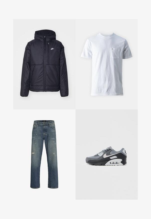 Black, padded Nike jacket with a front zipper and hood. Features a white logo on the left chest and dual front pockets. Smooth exterior texture.; White cotton t-shirt featuring a crew neck, short sleeves, and a left chest pocket, with a small logo on the pocket. Smooth texture.; Blue denim jeans with a straight-leg design, featuring light distressing, a standard waistband with a button closure, and five pockets.; Gray sneaker featuring a mix of mesh and suede materials, with a black sole and visible air unit. Notable light gray accents and laces.