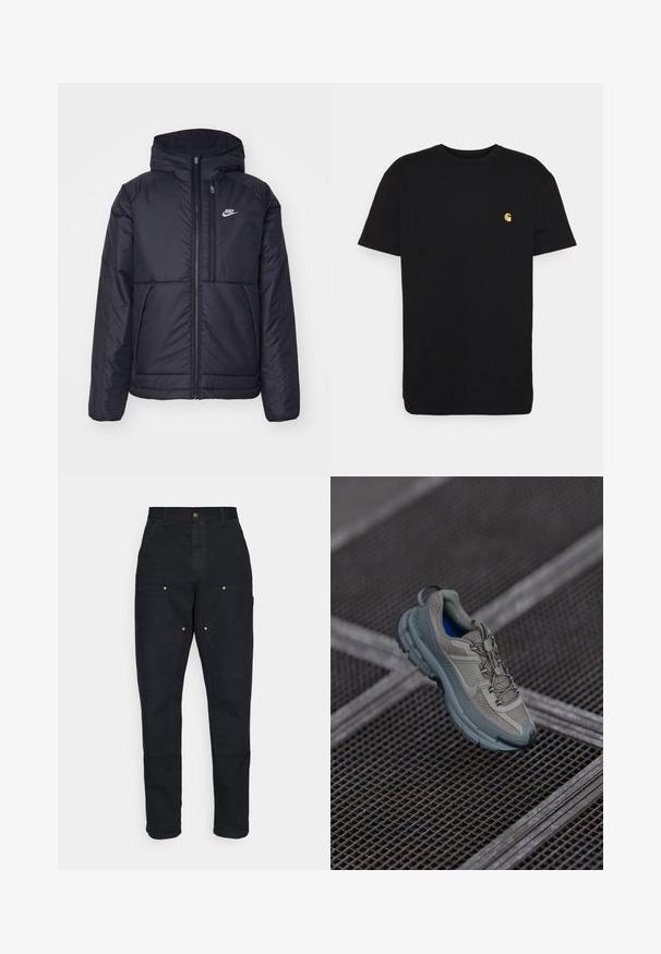 Casaco Nike preto, acolchoado, com fecho à frente e capuz. Apresenta um logo branco no lado esquerdo do peito e dois bolsos frontais. Textura exterior lisa.; T-shirt de algodão preto com mangas curtas, decote redondo e um pequeno logótipo amarelo na área do peito esquerdo. Design simples e ajuste regular.; Carhartt WIP DOUBLE KNEE PANT - Calças - black aged canvas; Sapatilha atlética bege e cinza com parte superior em malha texturizada, ponta arredondada e sola de borracha, com atacadores e colarinho almofadado.