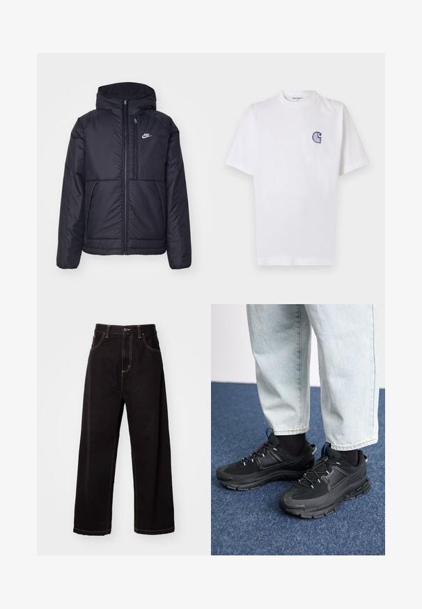 Casaco Nike preto, acolchoado, com fecho à frente e capuz. Apresenta um logo branco no lado esquerdo do peito e dois bolsos frontais. Textura exterior lisa.; T-shirt branca de algodão com mangas curtas, decote redondo e um pequeno logotipo azul "C" bordado no lado esquerdo do peito.; Calças de ganga largas pretas com costura contrastante, design de cinco bolsos e fecho frontal com botão. Textura suave e tecido resistente.; Sapatilhas desportivas pretas com tecido texturizado e solas em borracha, apresentando atacadores elásticos e um detalhe azul no calcanhar. Usadas com calças de ganga claras.