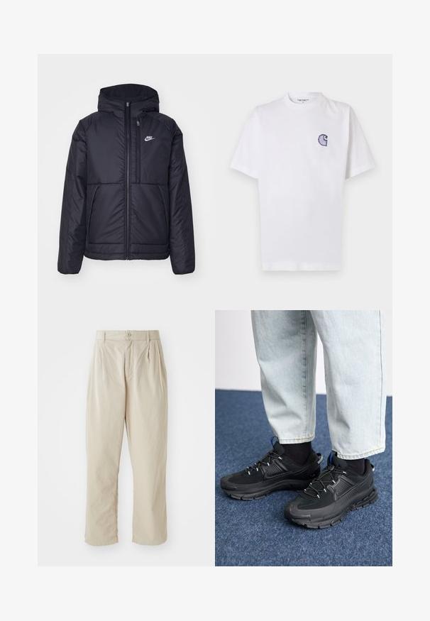 Musta, pehmustettu Nike-takki, jossa on etuvetoketju ja huppu. Vasemmassa rinnassa on valkoinen logo ja takissa on kaksinkertaiset etutaskut. Pintakoe on sileä.; Valkoinen puuvillainen lyhythihainen T-paita, jossa pyöreä kaula-aukko ja vasemmassa rinnassa pieni, kirjailtu sininen "C"-logo.; Vaaleanbeige, kevyet housut, joissa on rento malli, edessä laskokset, nappisulku ja käännetyt lahkeet. Sujuva pinta, vähäinen muotoilu.; Mustat urheilukengät, joissa on teksturoitu kangas ja kumipohjat, elastiset nauhat ja sininen yksityiskohta kannassa. Yhdistetty vaaleisiin farkkuihin.