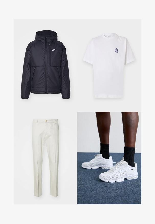 Black, padded Nike jacket with a front zipper and hood. Features a white logo on the left chest and dual front pockets. Smooth exterior texture.; White cotton t-shirt with short sleeves, round neckline, and a small, embroidered blue "C" logo on the left chest area.; Light beige trousers made of soft, textured fabric. Features a button closure, belt loops, and straight legs. Clean, tailored design.; White athletic shoes with mesh upper, textured accents, and cushioned sole. Paired with black ribbed ankle socks on a blue carpeted surface.