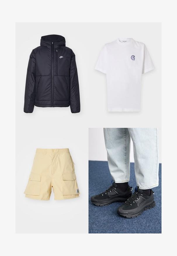 Black, padded Nike jacket with a front zipper and hood. Features a white logo on the left chest and dual front pockets. Smooth exterior texture.; White cotton t-shirt with short sleeves, round neckline, and a small, embroidered blue "C" logo on the left chest area.; Yellow cargo shorts made of lightweight fabric, featuring two large side pockets, an elastic waistband, and a small logo patch on the side.; Black athletic shoes with textured fabric and rubber soles, featuring elastic laces and a blue accent on the heel. Worn with light denim pants.