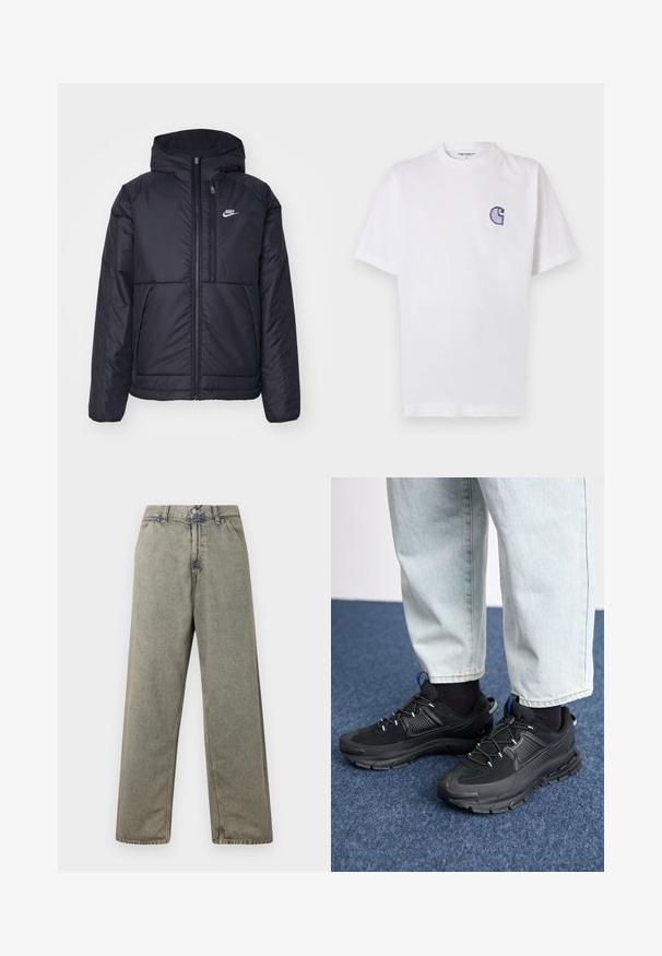 Crna Nike jakna s podstavom, dugmadi sprijeda i kapuljačom. Ima bijeli logotip na lijevoj strani prsnog koša i dva prednja džepa. Glatka vanjska tekstura.; Bijela pamučna majica kratkih rukava, s okruglim izrezom i malim, plavim izvezenim logom "C" na lijevoj strani prsa.; Široke traperice u izblijedjeloj sivoj boji, s gumbom za kopčanje i tradicionalnim dizajnom s pet džepova, s vidljivim detaljima šivanja.; Crne atletske cipele s teksturiranom tkaninom i gumene potplate, s elastičnim vezicama i plavim akcentom na peti. Nosene su s svijetlim trapericama.