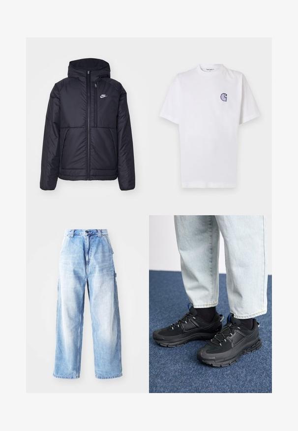 Črna, podložena Nike jakna z sprednjim zadrgo in kapuco. Ima bel logo na levem prsnem delu in dvojna sprednja žepa. Gladka zunanja tekstura.; Bela bombažna majica s kratkimi rokavi, okrolim izrezom in majhnim, vezenim modrim logotipom "C" na levi strani prsnega koša.; Svetlo modri široki jeans hlače z visokim pasom, ki imajo sprednji gumb, zanke za pas in rahlo zbledela območja na tkanini.; Črne športne čevlje z teksturirano tkanino in gumijastimi podplati, ki imajo elastične vezalke ter modre poudarke na peti. Nosi se z lahkimi denim hlačami.