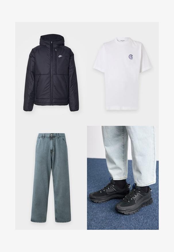 Melna, pufota Nike jaka ar priekšējo rāvējslēdzēju un kapuci. Iezīmēta ar baltu logotipu uz kreisās krūtis un divām priekšējām kabatām. Gluda ārējā tekstūra.; Balts kokvilnas T-krekls ar īsām piedurknēm, apaļu kakla izgriezumu un nelielu izšūtu zilu "C" logotipu kreisajā krūšu daļā.; Gai zila džinsi ar taisnu kāju griezumu, ietverot klasisku pogu aizdari un piecu kabatu dizainu. Mīksta tekstūra un minimāla vīļu detaļu klātbūtne.; Melni sporta apavi ar strukturētu audumu un gumijas zoli, ar elastīgām auklām un zilu akcentu uz papēža. Nēsāti ar gaišām džinsu biksēm.