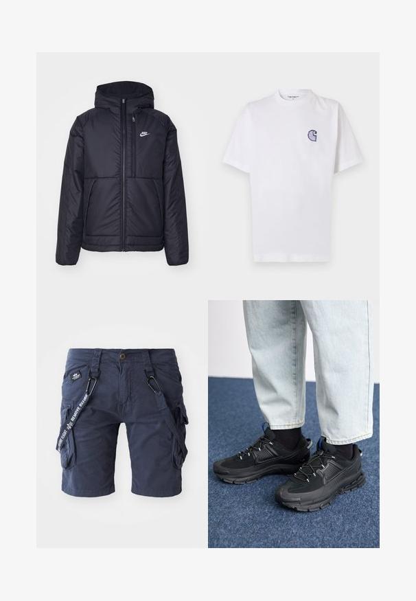 Black, padded Nike jacket with a front zipper and hood. Features a white logo on the left chest and dual front pockets. Smooth exterior texture.; White cotton t-shirt with short sleeves, round neckline, and a small, embroidered blue "C" logo on the left chest area.; Navy blue cargo shorts made of cotton blend fabric, featuring multiple pockets, adjustable straps, and a woven label with text accents.; Black athletic shoes with textured fabric and rubber soles, featuring elastic laces and a blue accent on the heel. Worn with light denim pants.