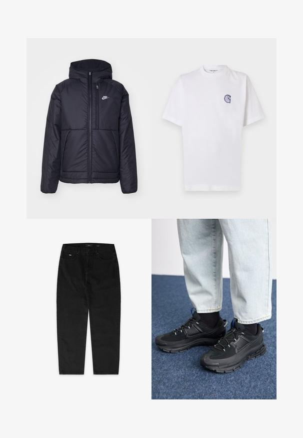 Black, padded Nike jacket with a front zipper and hood. Features a white logo on the left chest and dual front pockets. Smooth exterior texture.; White cotton t-shirt with short sleeves, round neckline, and a small, embroidered blue "C" logo on the left chest area.; EIGHTYFIVE WITH LOOP - Baggy Jeans - black washed; Black athletic shoes with textured fabric and rubber soles, featuring elastic laces and a blue accent on the heel. Worn with light denim pants.