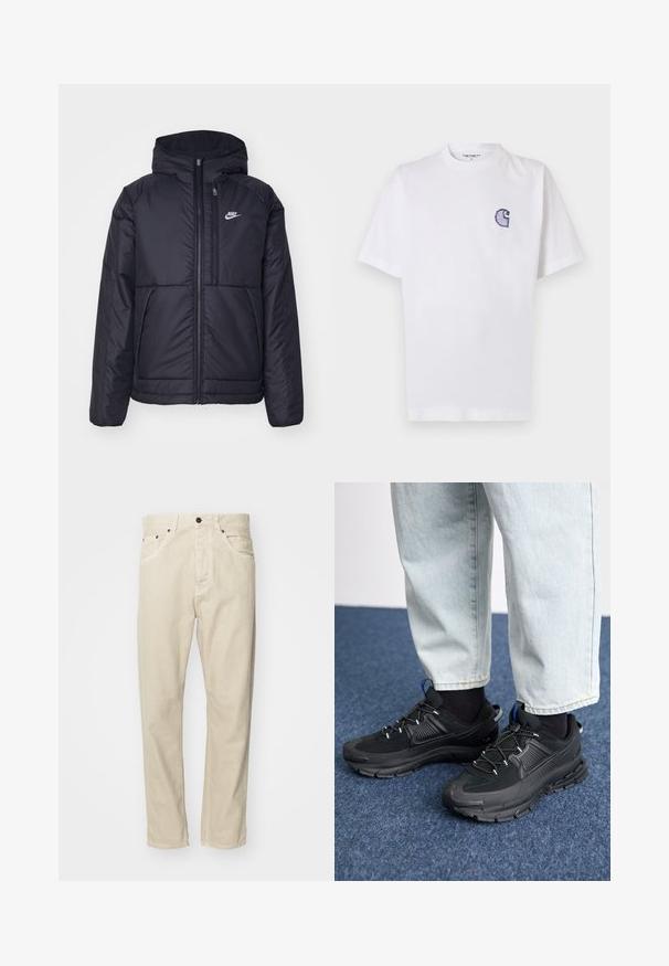 Black, padded Nike jacket with a front zipper and hood. Features a white logo on the left chest and dual front pockets. Smooth exterior texture.; White cotton t-shirt with short sleeves, round neckline, and a small, embroidered blue "C" logo on the left chest area.; Beige, cotton pants with a straight-leg design, five pockets, and metal hardware accents. Smooth texture with minimal stitching details.; Black athletic shoes with textured fabric and rubber soles, featuring elastic laces and a blue accent on the heel. Worn with light denim pants.