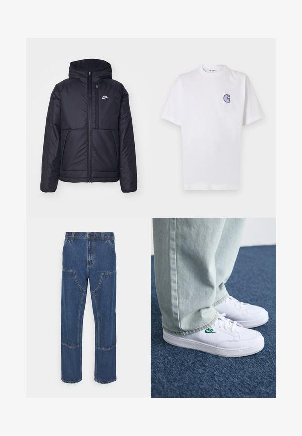 Black, padded Nike jacket with a front zipper and hood. Features a white logo on the left chest and dual front pockets. Smooth exterior texture.; White cotton t-shirt with short sleeves, round neckline, and a small, embroidered blue "C" logo on the left chest area.; Blue denim jeans with a straight leg, front patch pockets, and contrasting stitches. The fabric has a classic texture and finish.; White leather sneakers with green Nike logo, round toe, flat sole, paired with light blue denim pants, shown on a blue carpet.