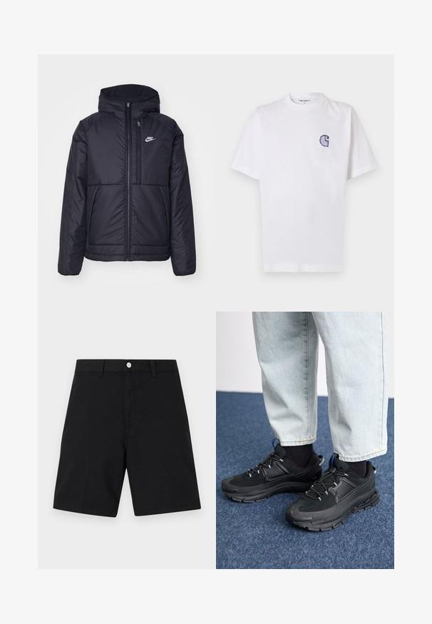 Czarna, pikowana kurtka Nike z przednim zamkiem błyskawicznym i kapturem. Posiada białe logo po lewej stronie klatki piersiowej oraz podwójne kieszenie z przodu. Gładka struktura zewnętrzna.; Biała bawełniana koszulka z krótkimi rękawami, okrągłym dekoltem i małym, niebieskim haftowanym logo "C" na lewej stronie klatki piersiowej.; Czarne bawełniane szorty z elastycznym pasem z metalowym guzikiem, prostym fasonem nogawki oraz minimalnymi detalami przeszyć dla schludnego wyglądu.; Czarne buty sportowe z teksturowanej tkaniny i gumowymi podeszwami, z elastycznymi sznurówkami i niebieskim akcentem na pięcie. Noszone z jasnymi dżinsami.